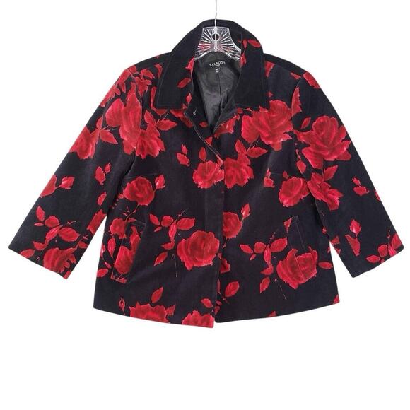 Talbots Blazer Jacket Womens Size 10p Petite Black Velvet Red Rose Cotton - Picture 2 of 9